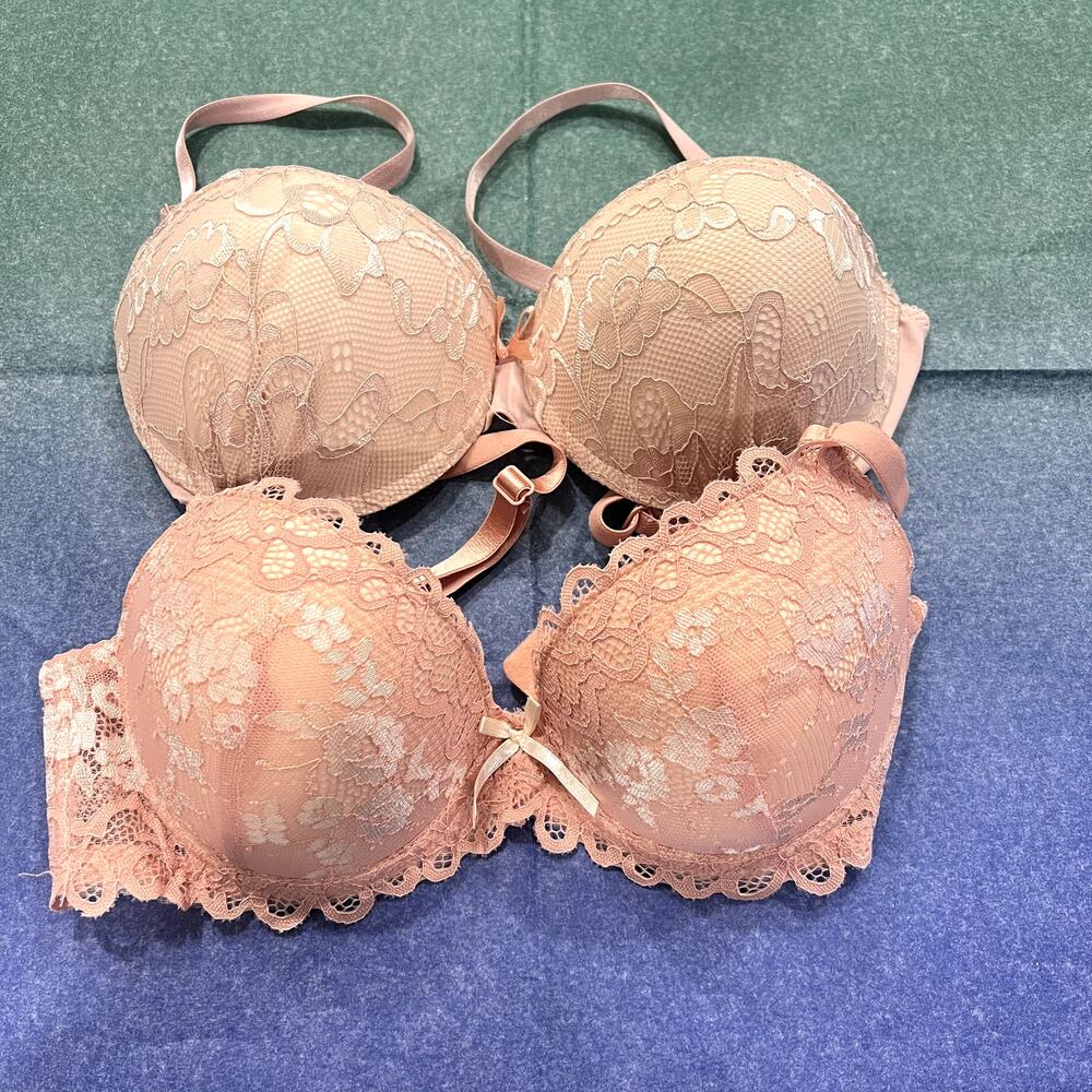 2 Lace Push Up Bras 36B Nude Blush Underwire Padded Floral Bundle